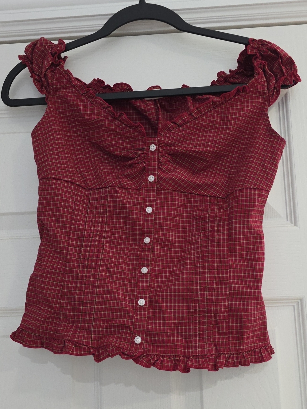 Brandy Melville Red Plaid Ruffle Button-Up Top